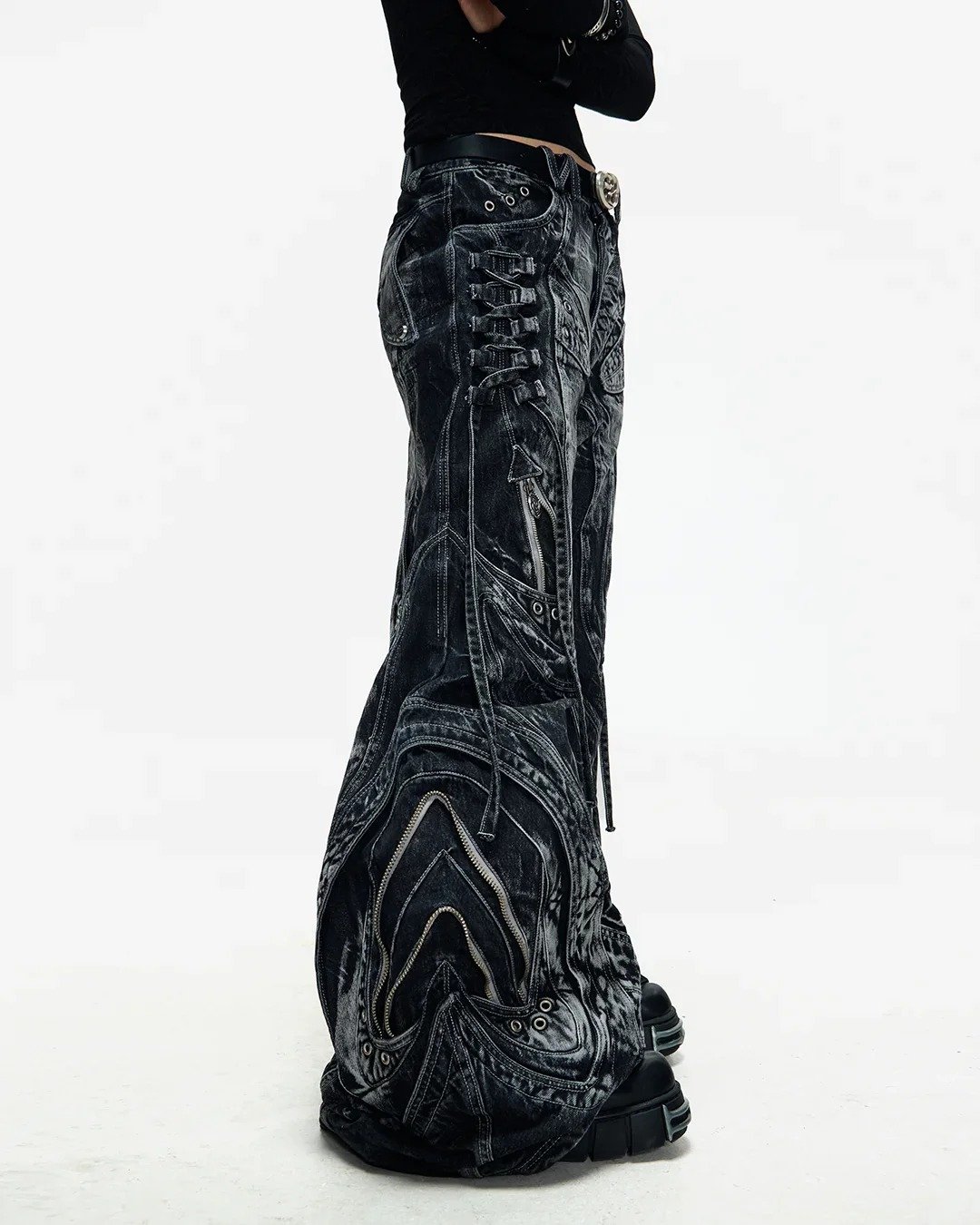 Deconstructed Flared Patchwork Denim Jeans Black - Image 2