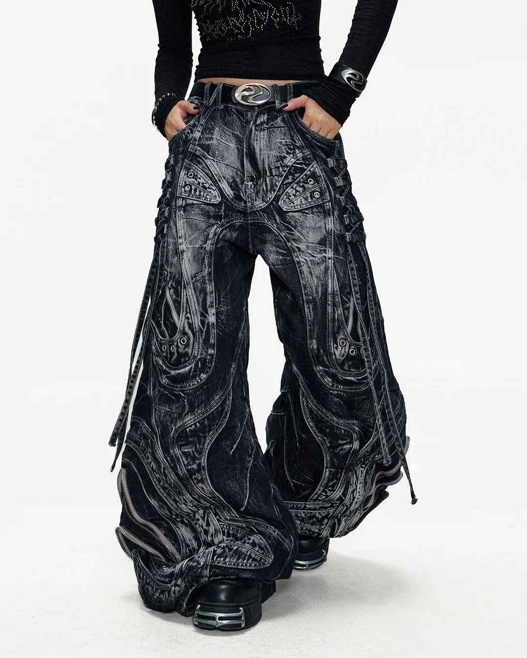 Deconstructed Flared Patchwork Denim Jeans Black - Image 3