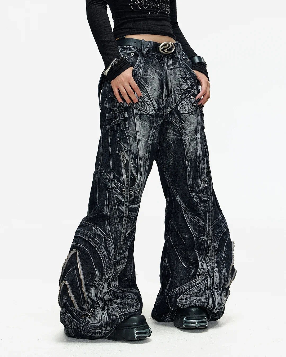 Deconstructed Flared Patchwork Denim Jeans Black - Image 5