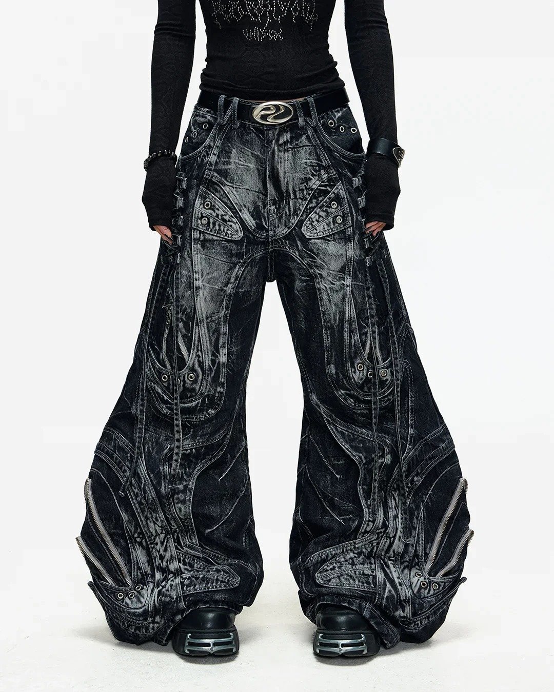 Deconstructed Flared Patchwork Denim Jeans Black